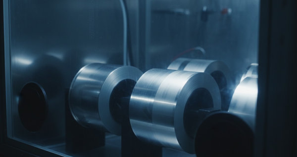 Spooled lithium metal foil exhibiting silver-white metallic luster under inert atmosphere protection