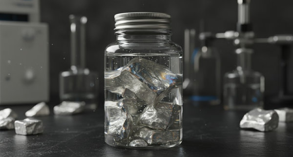 Shiny lithium metal pieces submerged in mineral oil inside a sealed laboratory container