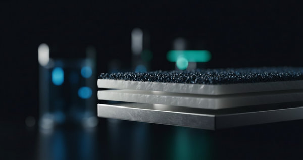 Close-up of multilayer solid-state battery architecture showing electrode and electrolyte layers