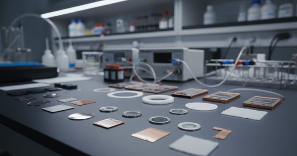 Assorted lithium battery components and coin cell parts on a graphite laboratory work surface