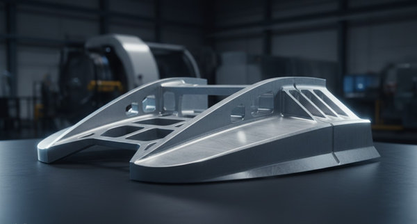 Machined aluminum-lithium alloy aerospace bracket with complex geometric cutouts and smooth finish