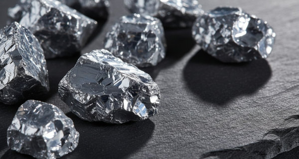 Jagged crystalline cobalt metal pieces displaying a distinctive blue-tinted silvery metallic sheen on dark slate