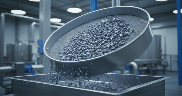Metallic cobalt granules cascading through a stainless steel mesh sieve in an industrial facility