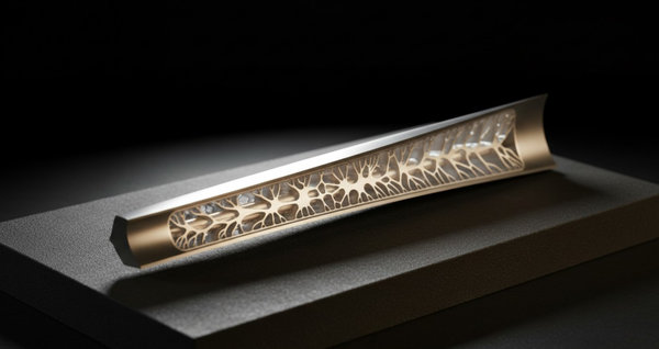 Elegant single-crystal superalloy turbine blade with an ornate lattice structure visible through a cutaway section