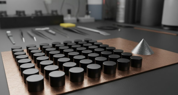 Neat rows of black cylindrical cathode pellets positioned on a sheet of copper foil in a battery lab
