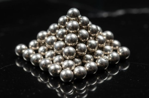 Pyramid of lustrous spherical nickel pellets reflecting light on a polished black obsidian base
