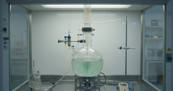 Round-bottom glass reactor with pale green nickel solution and suspended particles inside a fume hood