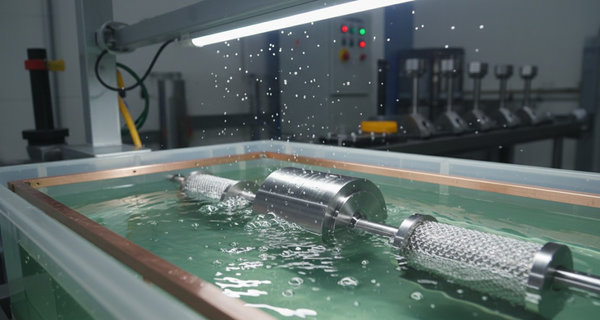Cylindrical metal component partially immersed in a bubbling bright nickel electroplating solution