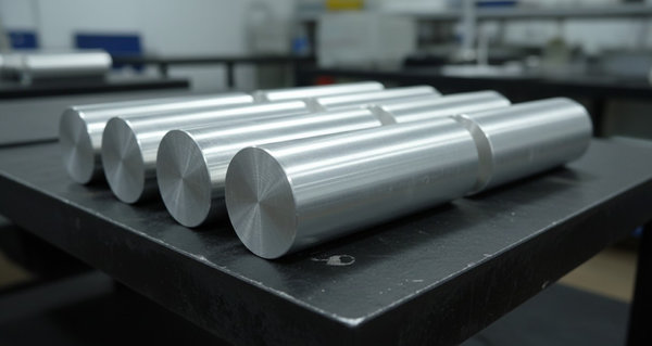 Row of polished cylindrical aluminum ingots displaying silvery-white metallic luster on a dark workbench