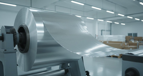 Wide roll of ultra-thin reflective aluminum foil unwinding in a clean manufacturing facility