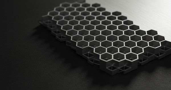 Close-up of precision-engineered aluminum honeycomb core with hexagonal cell pattern on dark surface