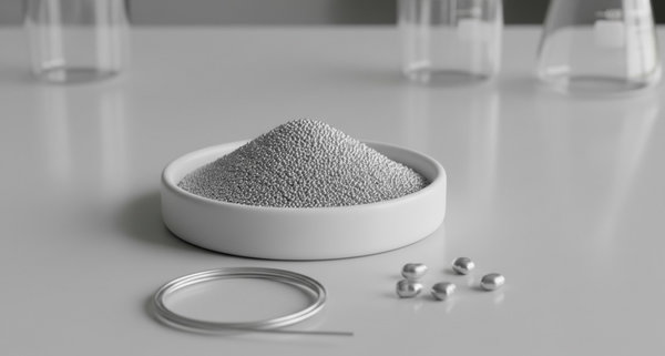 White ceramic dish containing spherical aluminum powder alongside coiled wire and small pellets