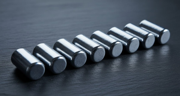 Row of silvery-blue gallium metal ingots with smooth cast surfaces arranged on slate