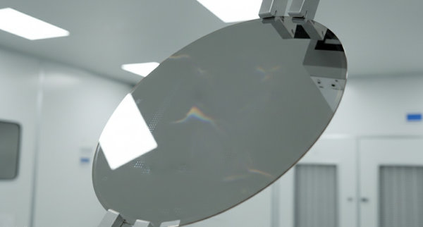 Gallium arsenide semiconductor wafer held at angle showing flat edge notch in cleanroom