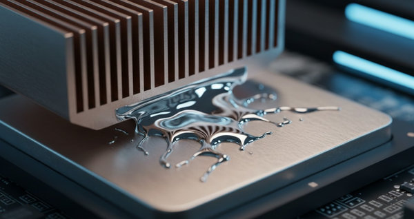 Liquid gallium thermal interface spreading between a metallic heat sink and processor chip
