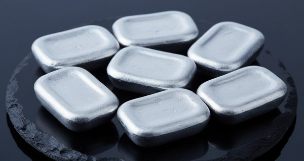 Rounded indium ingots with soft silvery-white finish and concave cast surfaces arranged on black stone