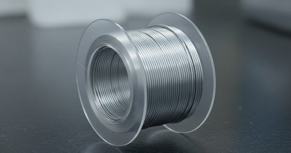 Translucent spool of fine indium bonding wire with silvery-blue metallic sheen on laboratory bench