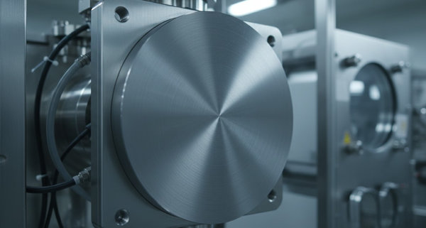 Circular dark metallic ITO sputtering target mounted on stainless steel flange in vacuum chamber