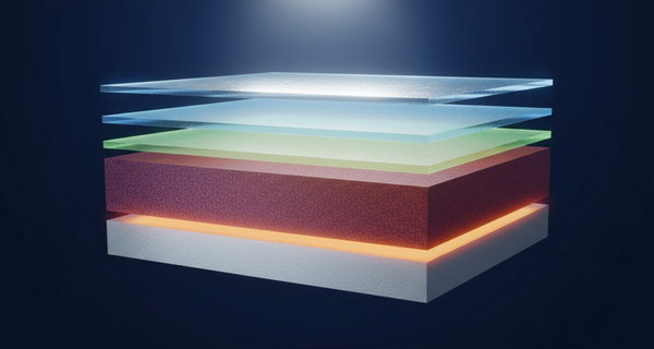 Exploded multilayer CIGS solar cell stack with colored semiconductor and electrode layers floating apart