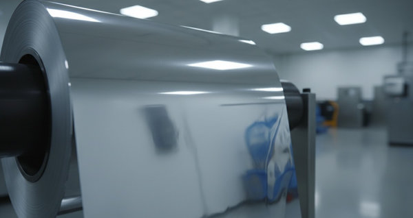 Wide roll of mirror-bright indium foil unwinding in a clean industrial manufacturing environment