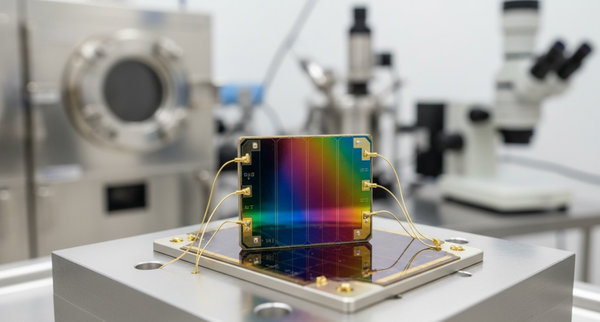 Rainbow-colored multijunction solar cell on germanium substrate with gold wire bonds in test setup