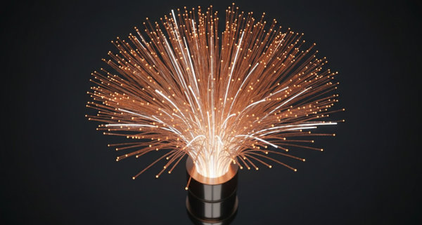 Fiber optic bundle with warm orange glowing light tips radiating from a metallic connector
