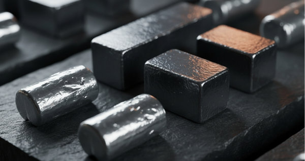 Polished high-purity metal ingots in various geometries displayed on dark graphite surface