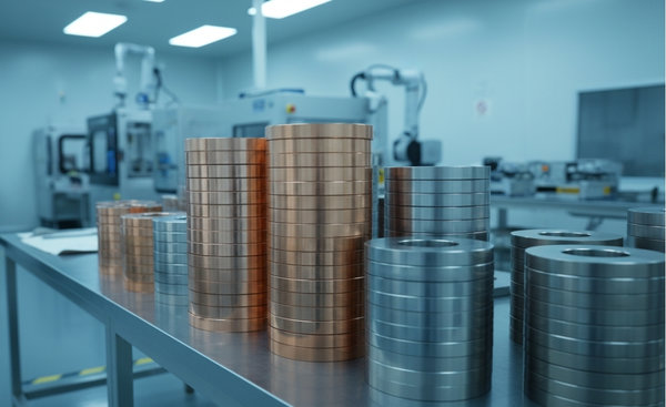 Stacked copper and titanium sputtering targets in a cleanroom manufacturing environment