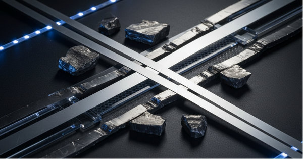 Lithium foil strips and battery-grade metal pieces with blue LED accent lighting