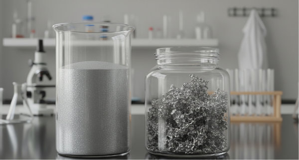 Glass containers holding aluminum powder and crystalline titanium sponge in laboratory setting