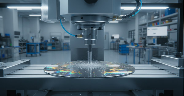 CNC precision tool machining a reflective semiconductor wafer with rainbow interference patterns