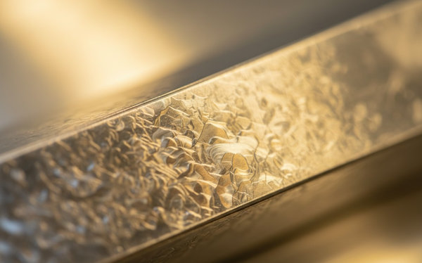 Macro photograph of polished Inconel 718 bar stock with visible crystalline grain structure under warm industrial lighting