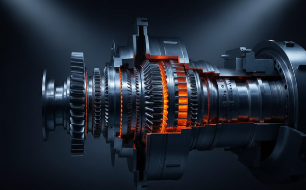 Cutaway view of industrial gas turbine engine highlighting nickel superalloy hot section components with thermal glow
