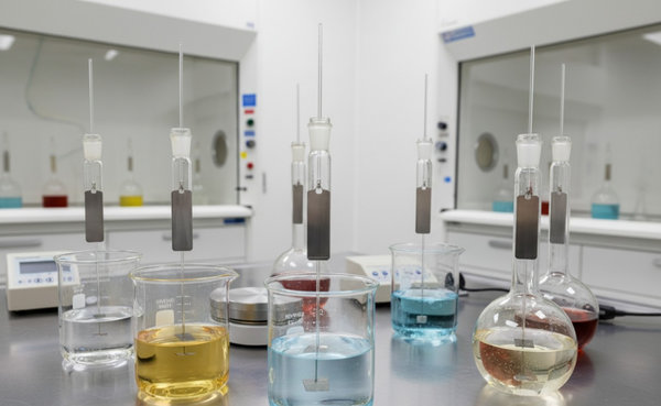 Nickel alloy test specimens suspended in chemical solutions during laboratory corrosion resistance evaluation