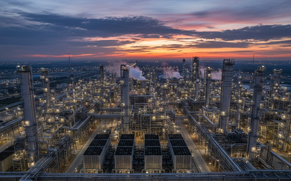 Aerial twilight view of chemical processing complex with extensive nickel alloy piping and distillation infrastructure