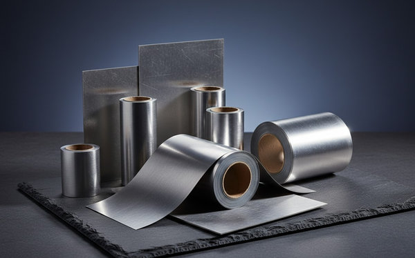 Collection of nickel alloy sheet metal and foil rolls arranged on slate surface with brushed and polished finishes