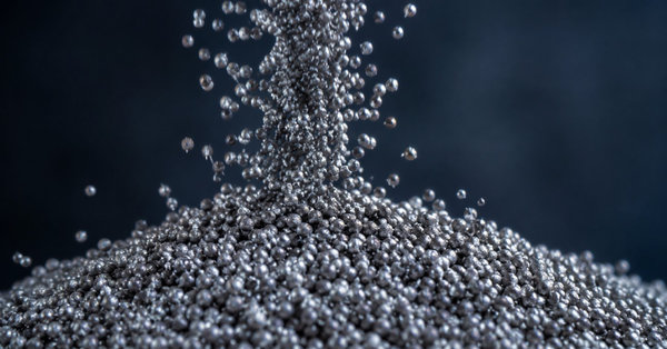 Close-up of flowing spherical cobalt-based alloy powder with a bright metallic sheen