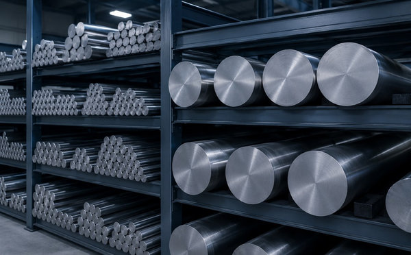Cobalt-based superalloy round bars and cylindrical ingots stacked on industrial shelving