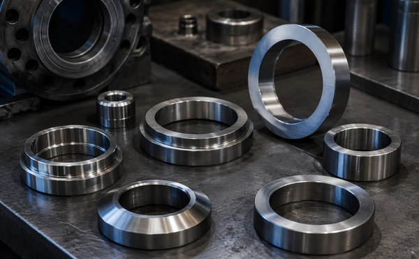 Machined cobalt alloy valve seat rings and wear-resistant sealing components on a workbench