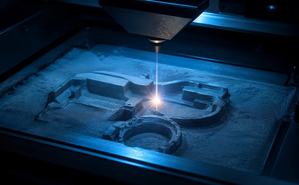 Laser powder bed fusion process melting cobalt alloy powder inside a metal 3D printer