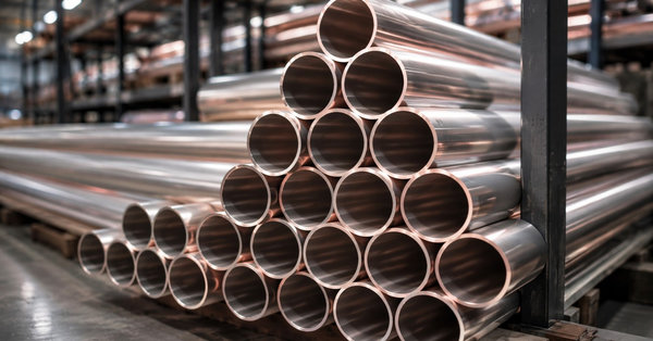 Copper-nickel alloy tubes stacked in rows inside a metal warehouse