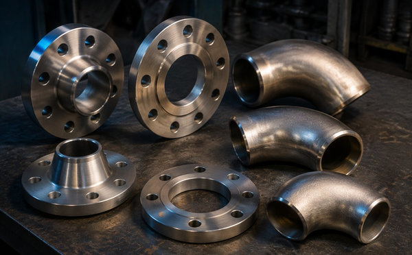 Copper-nickel flanges and elbow fittings on a dark steel workbench
