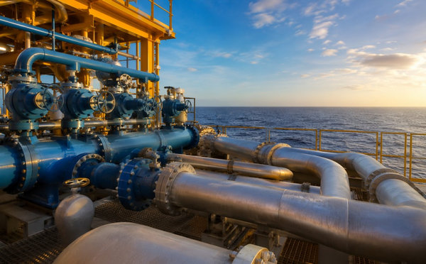 Industrial alloy piping on an offshore platform overlooking the open ocean