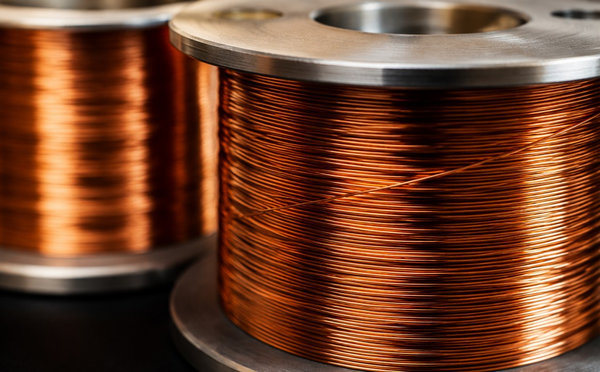 Spools of fine copper-colored constantan resistance wire in macro detail