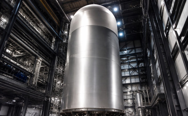 Giant cylindrical aluminum rocket propellant tank in a high-bay assembly building