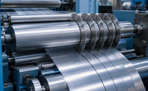 Precision slitting line feeding thin stainless foil through guide rollers