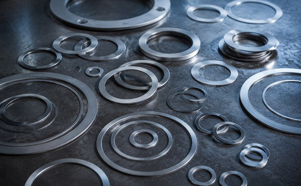 Stainless steel shim washers and gasket rings on a dark workbench