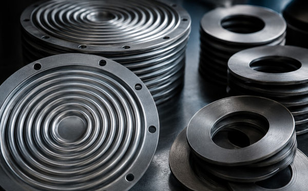 Corrugated stainless steel diaphragms and disc springs in close-up