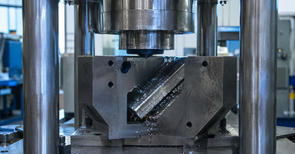 Billet pressed through an equal-channel angular die on an industrial hydraulic press