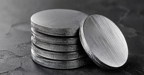 A stack of sliced bismuth telluride thermoelectric ingot discs on a dark slate surface